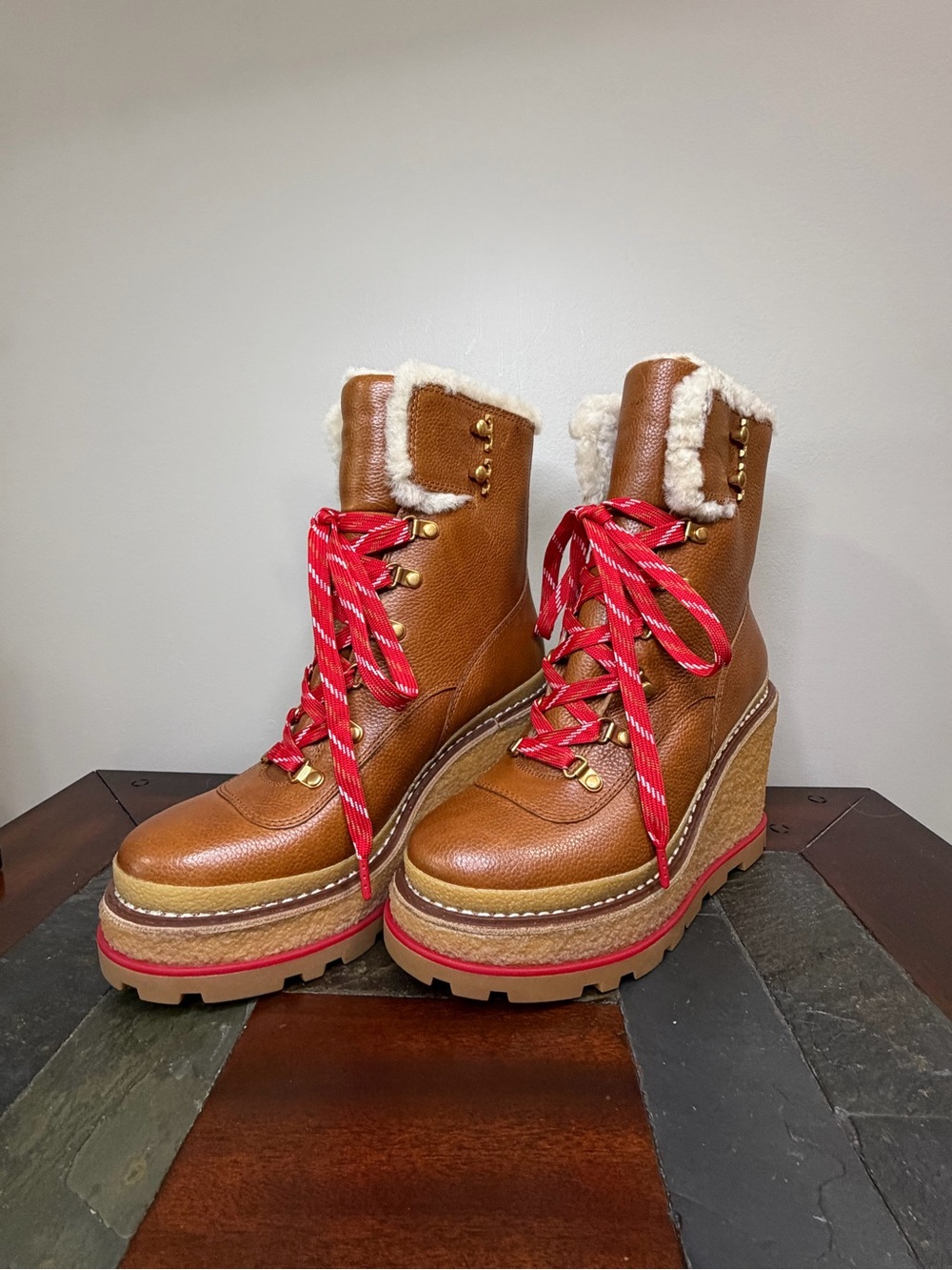 Tory Burch Tan Leather Wedge Boot with Red Laces and Shearling Trim - Picture 2 of 11